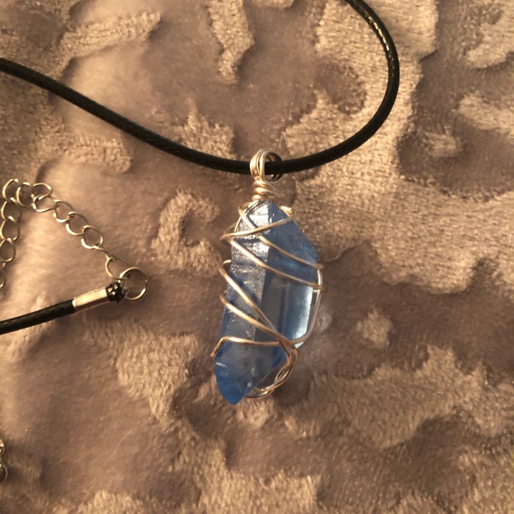 Aqua aura crystal wrapped pendant